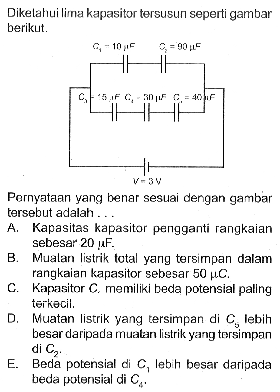 Diketahui lima kapasitor tersusun seperti gambar berikut. C1=10 mu F C2=90 mu F C3=15 mu F C4 30 mu F C5=40 mu F V=3 VPernyataan yang benar sesuai dengan gambar tersebut adalah...  A. Kapasitas kapasitor pengganti rangkaian sebesar 20 mu F. B. Muatan listrik total yang tersimpan dalam rangkaian kapasitor sebesar  50 mu C. C. Kapasitor C1 memiliki beda potensial paling terkecil. D. Muatan listrik yang tersimpan di C5 lebih besar daripada muatan listrik yang tersimpan di  C2. E. Beda potensial di C1 lebih besar daripada beda potensial di  C4. 