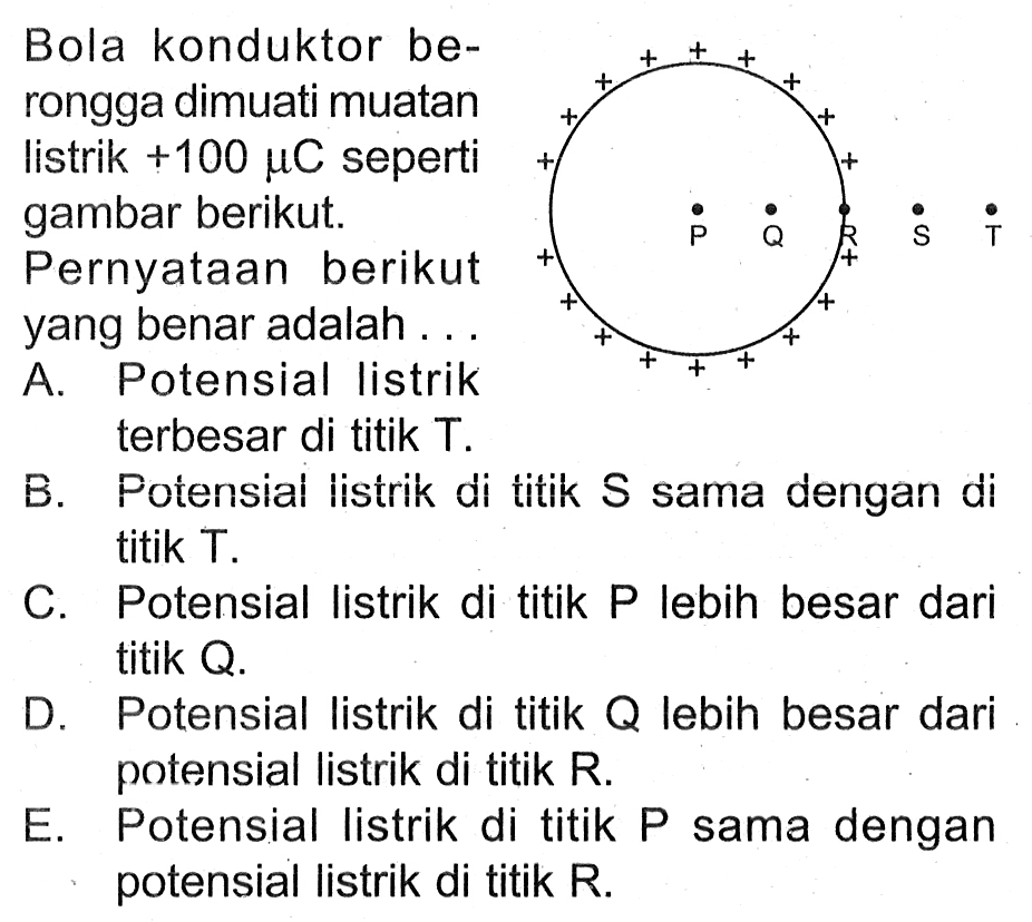 Bola konduktor berongga dimuati muatan listrik +100 muC seperti gambar berikut. Pernyataan berikut yang benar adalah... 