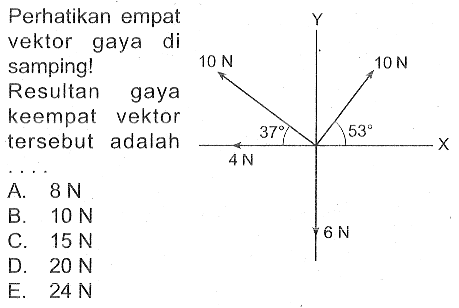 Perhatikan empat vektor gaya di samping! Resultan gaya keempat vektor tersebut adalah 
Y 10 N 10 N 37 53 X 4 N 6 N 
A. 8 N B. 10 N C. 15 N D. 20 N E. 24 N 