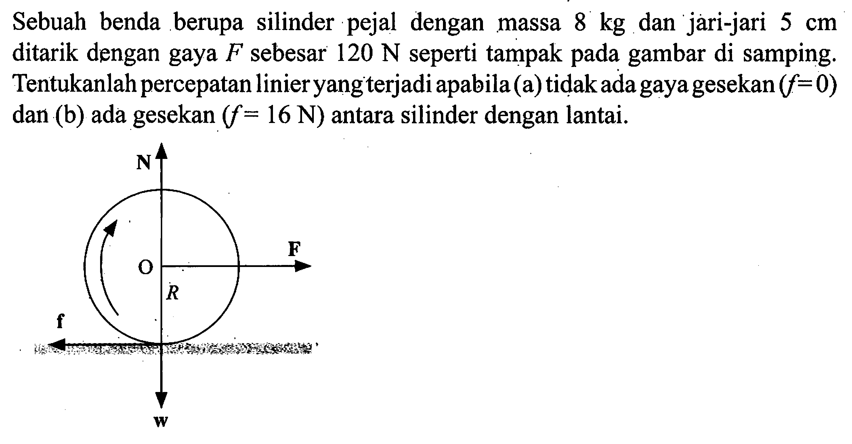 Sebuah benda berupa silinder pejal dengan massa 8 kg dan jari-jari 5 cm ditarik dengan gaya F sebesar 120 N seperti tampak pada gambar di samping. Tentukanlah percepatan linier yang terjadi apabila (a) tidak ada gaya gesekan (f=0) dan (b) ada gesekan (f = 16 N) antara silinder dengan lantai.