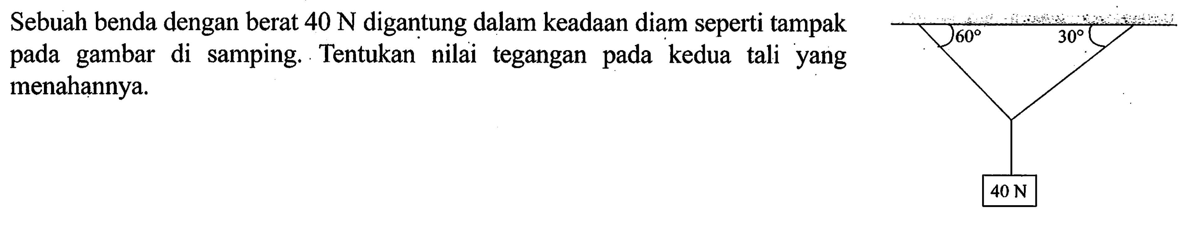 Sebuah benda dengan berat 40 N digantung dalam keadaan diam seperti tampak , pada gambar di samping, Tentukan nilai tegangan pada kedua tali yang menahannya.