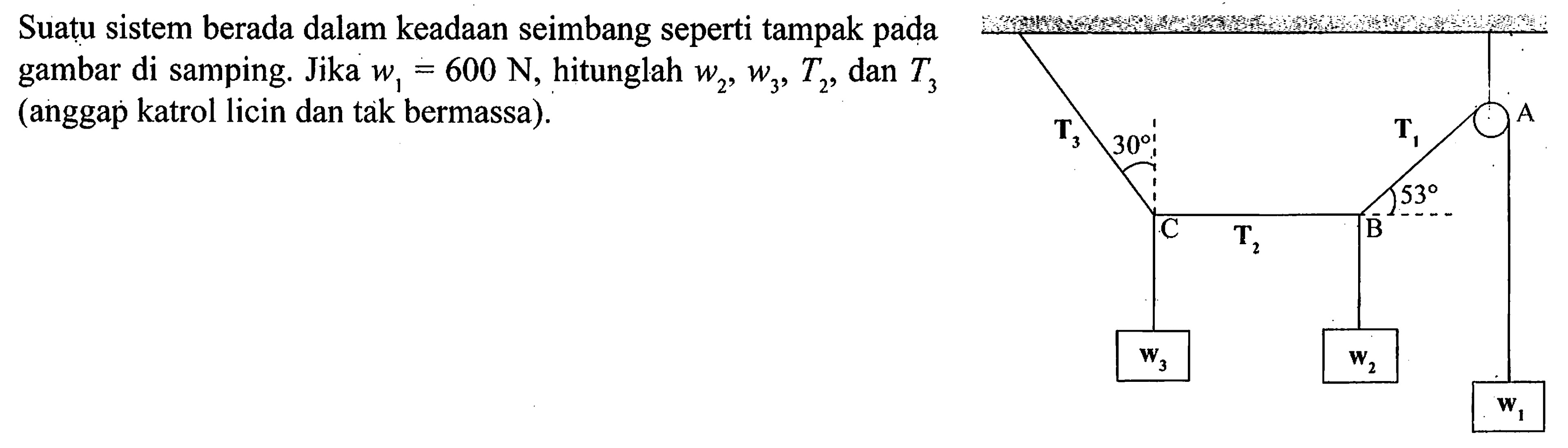 Suatu sistem berada dalam keadaan seimbang seperti tampak pada gambar di samping. Jika w1=600 N, hitunglah w2, w3, T2 dan T3 (anggap katrol licin dan tak bermassa) 