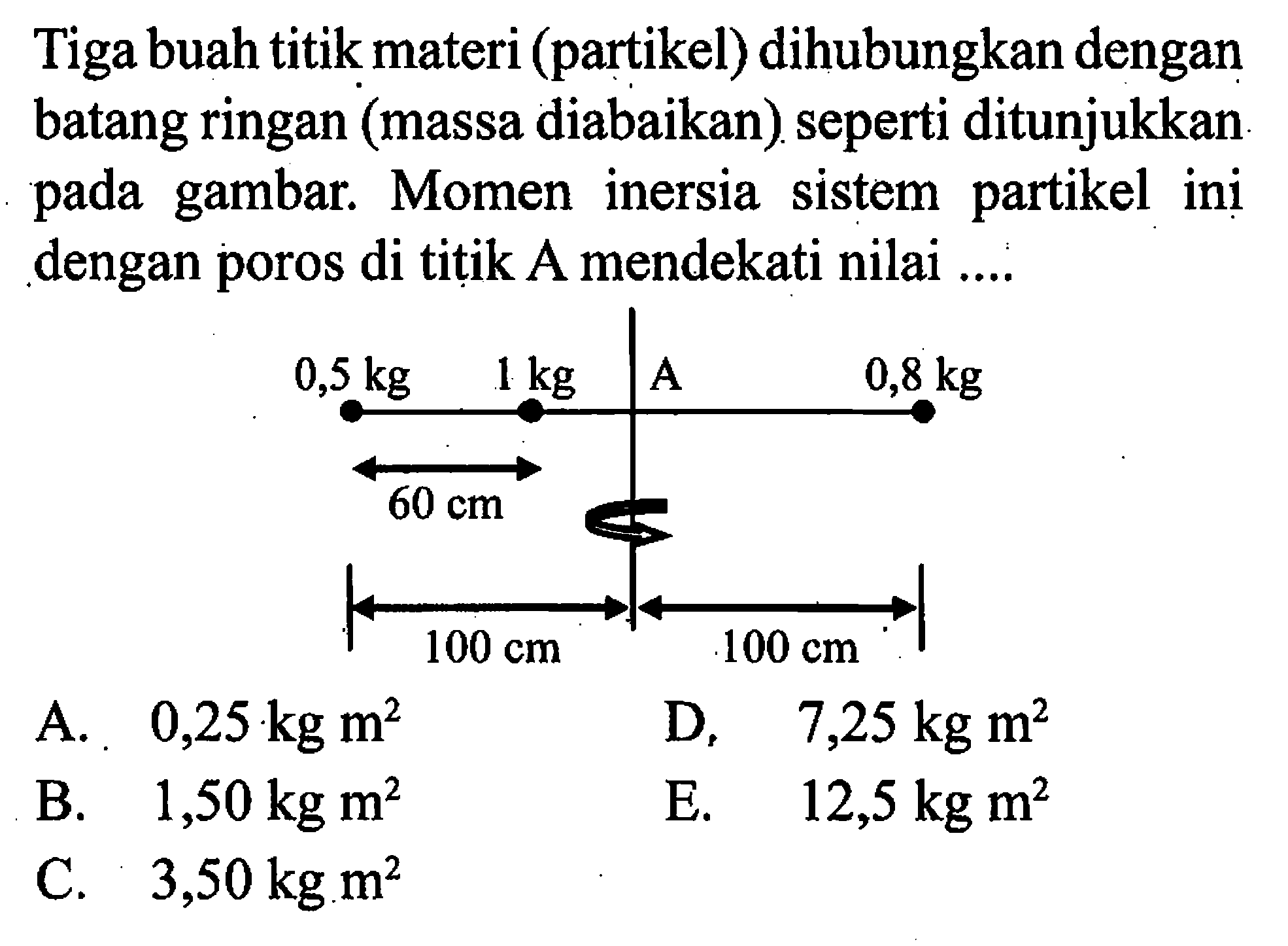 Tiga buah titik materi (partikel) dihubungkan dengan batang ringan (massa diabaikan) seperti ditunjukkan pada gambar. Momen inersia sistem partikel ini dengan poros di titik A mendekati nilai ....