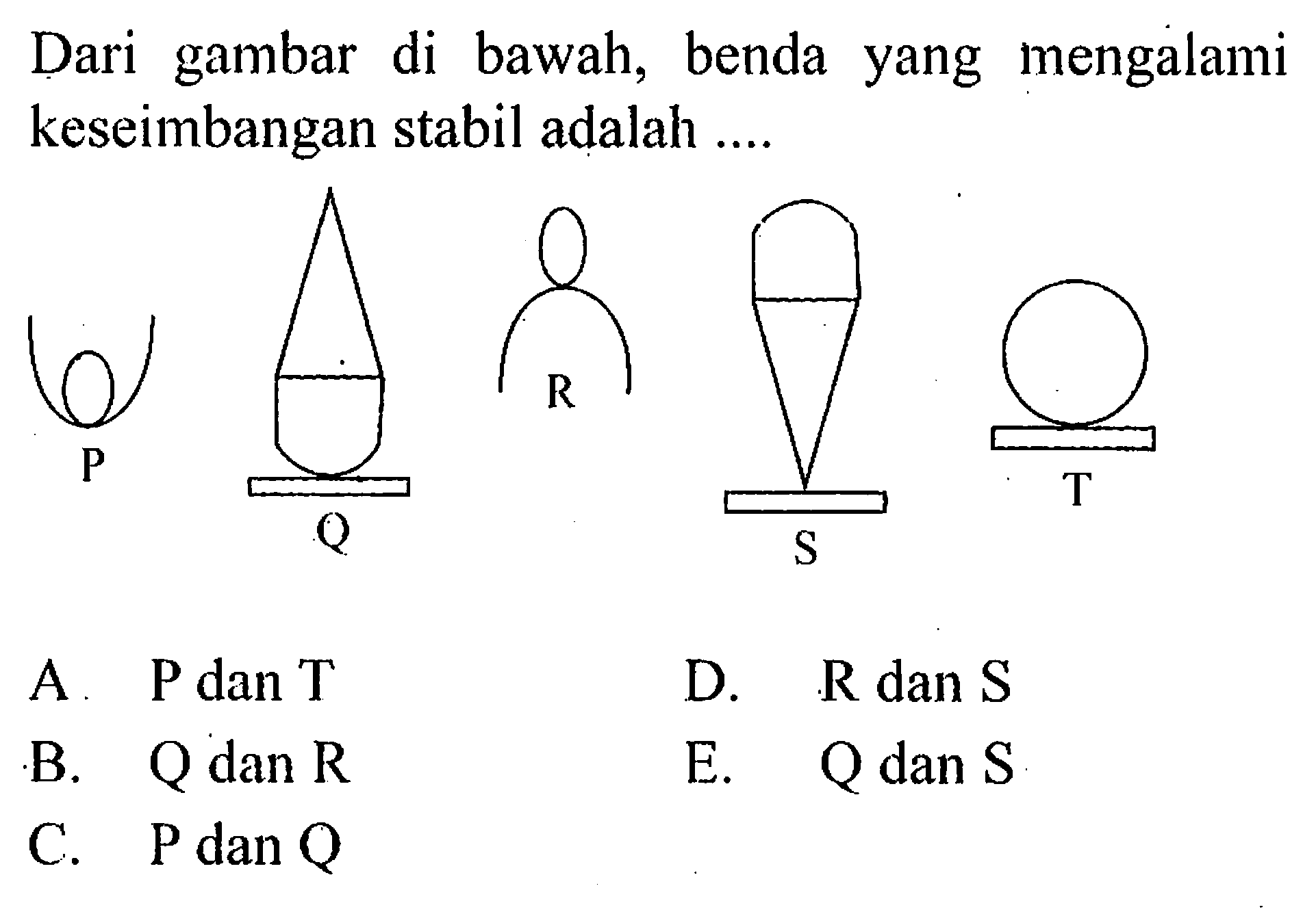 Dari gambar di bawah, benda yang mengalami keseimbangan stabil adalah .... P Q R S T 