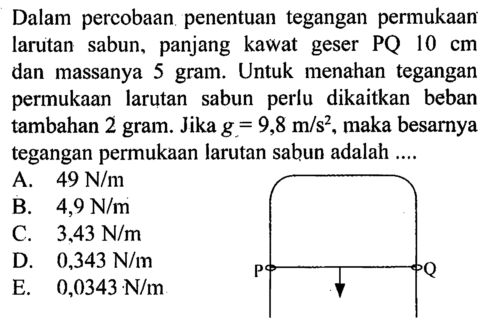 Dalam percobaan penentuan tegangan permukaan larutan sabun, panjang kawat geser PQ 10 cm dan massanya 5 gram. Untuk menahan tegangan permukaan larutan sabun perlu dikaitkan beban tambahan 2 gram. Jika g = 9,8 m/s^2, maka besarnya tegangan permukaan larutan sabun adalah ....P Q