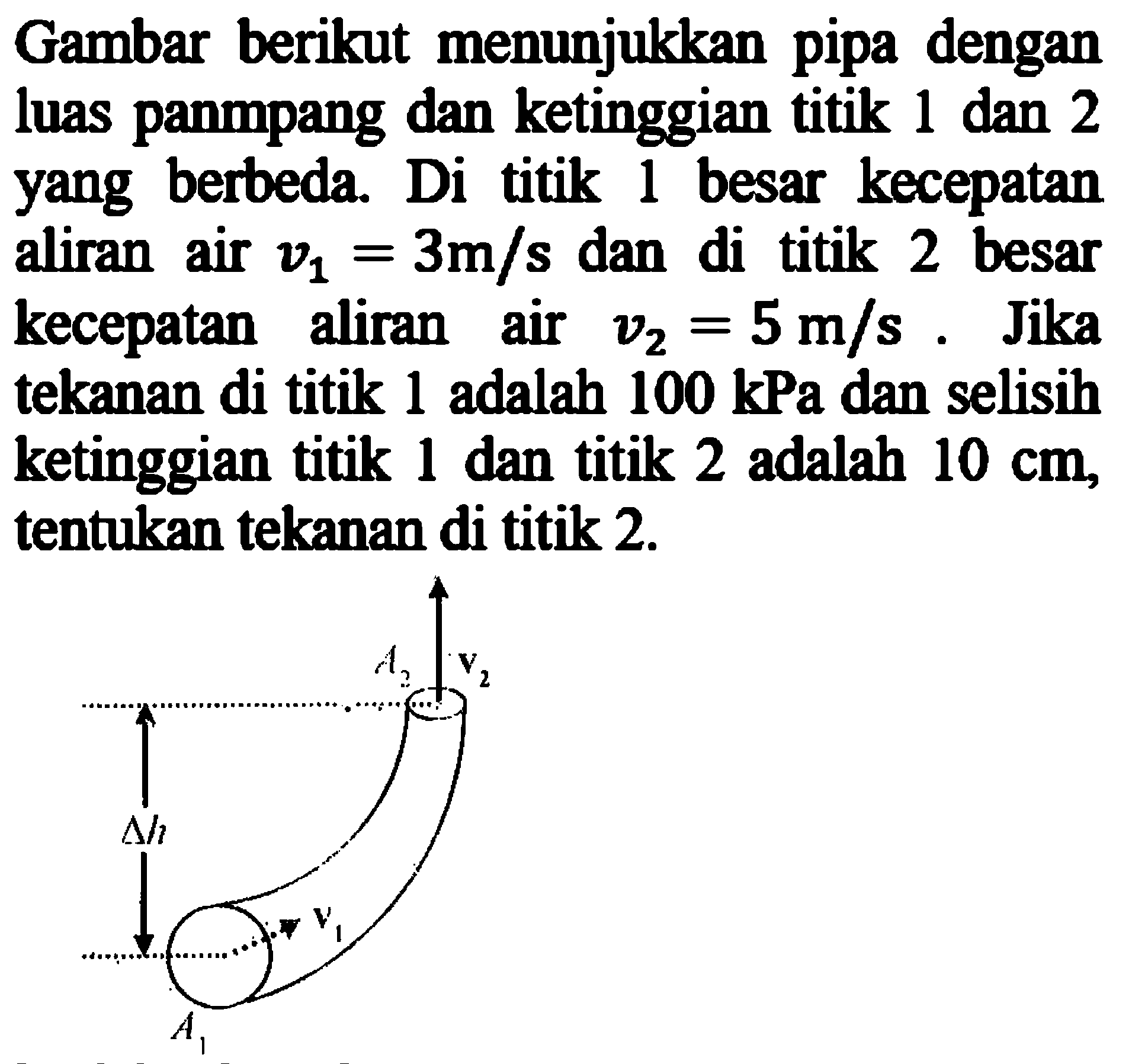 Gambar berikut menunjukkan pipa dengan luas penampang dan ketinggian titik 1 dan 2 yang berbeda. Di titik 1 besar kecepatan aliran air v1 = 3 m/s dan di titik 2 besar kecepatan aliran air v2 = 5 m/s. Jika tekanan di titik 1 adalah 100 kPa dan selisih ketinggian titik 1 dan titik 2 adalah 10 cm, tentukan tekanan di titik 2. A2 v2 delta h v1 A1