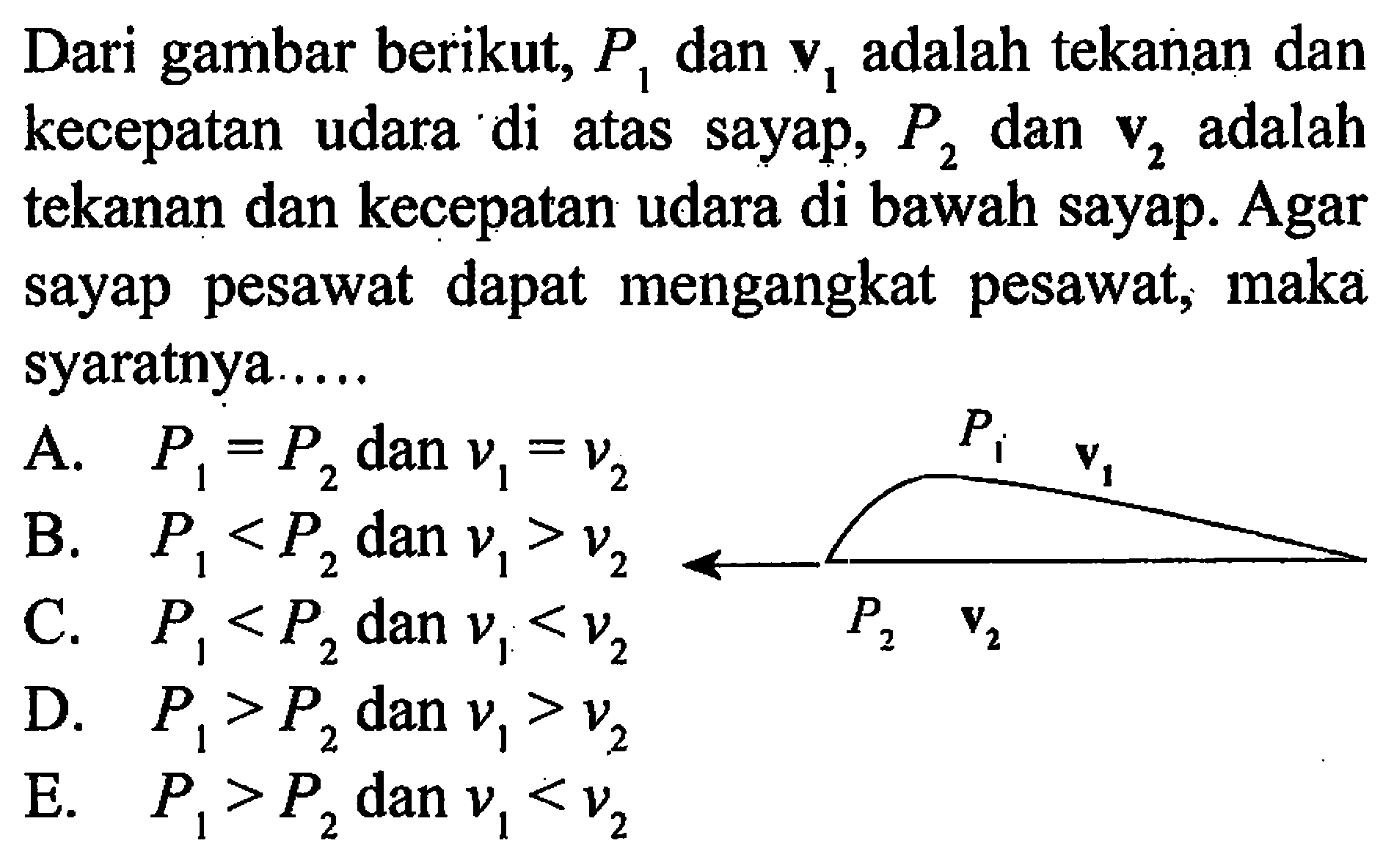 Dari gambar berikut, P1 dan v1 adalah tekanan dan kecepatan udara di atas sayap, P2 dan v2 adalah tekanan dan kecepatan udara di bawah sayap. Agar sayap pesawat dapat mengangkat pesawat, maka syaratnya..... A. P1=P2 dan v1=v2 B. P1<P2 dan v1>v2 C. P1<P2 dan v1<v2 D. P1>P2 dan v1>v2 E. P1>P2 dan v1<v2