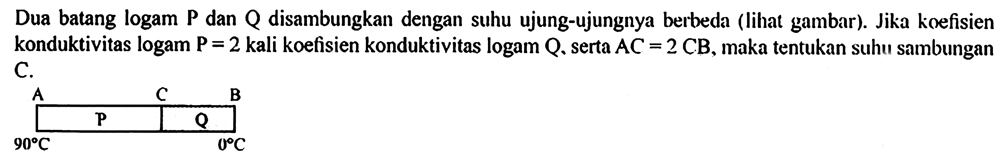 Dua batang logam P dan Q disambungkan dengan suhu ujung-ujungnya berbeda (lihat gambar). Jika koefisien konduktivitas logam P=2 kali koefisien konduktivitas logam Q, serta AC=2 CB, maka tentukan suhu sambungan C. ACB PQ 90 C 0 C