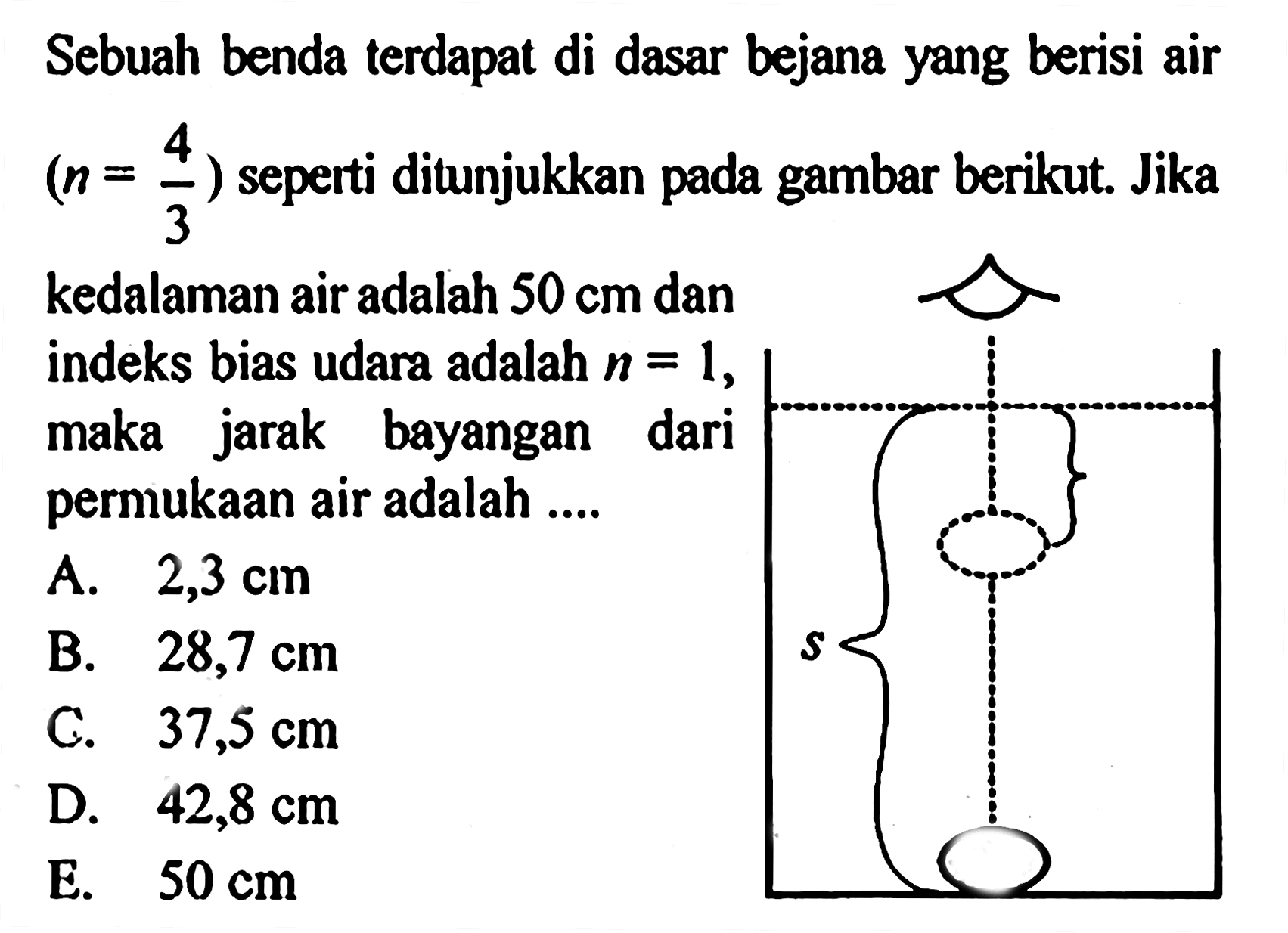 Sebuah benda terdapat di dasar bejana yang berisi air (n=4/3) seperti ditunjukkan pada gambar berikut. Jika kedalaman air adalah 50 cm dan indeks bias udara adalah n=1, maka jarak bayangan dari permukaan air adalah .... s 