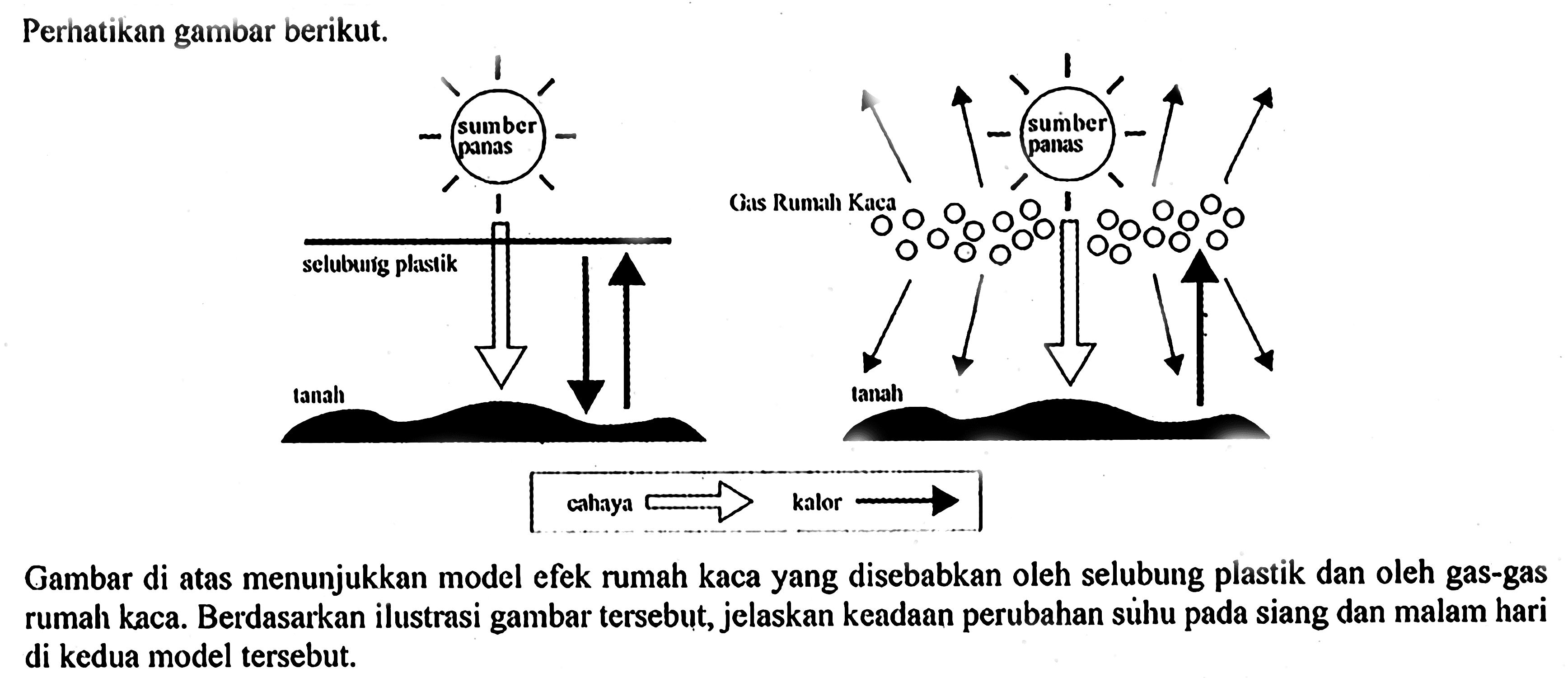 Perhatikan gambar berikut.
sumber panas selubung plastik tanah sumber panas Gas Rumah Kaca tanah cahaya kalor 
Gambar di atas menunjukkan model efek rumah kaca yang disebabkan oleh selubung plastik dan oleh gas-gas rumah kaca. Berdasarkan ilustrasi gambar tersebut, jelaskan keadaan perubahan suhu pada siang dan malam hari di kedua model tersebut.