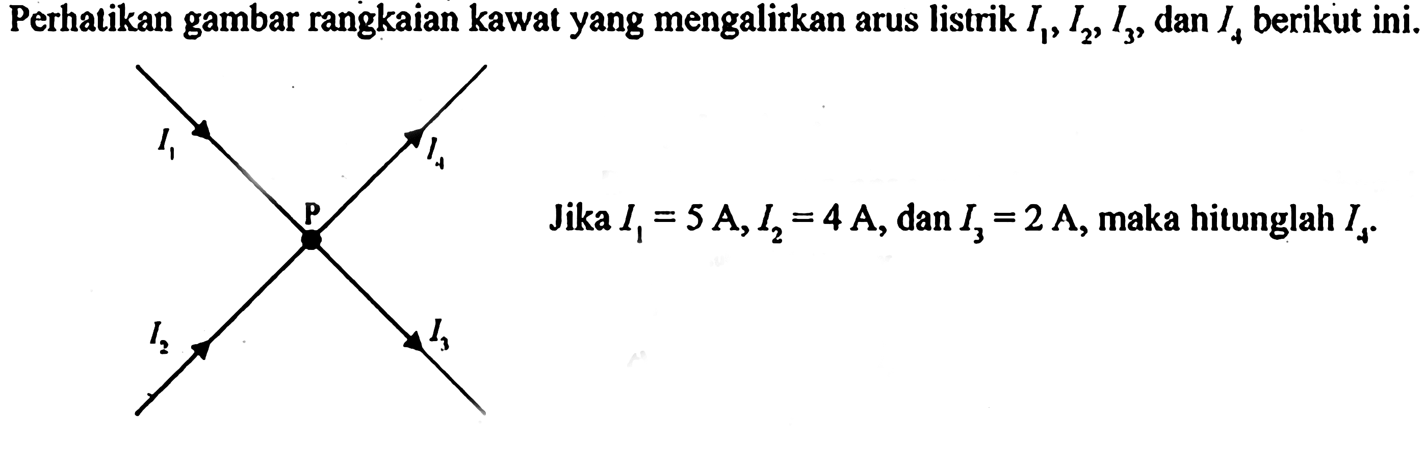 Perhalikan gambar rangkaian kawat yang mengalirkan arus listrik I1, I2, I3, dan I4 berikut ini. Jika I1 = 5 A, I2 = 4 A, dan I3 = 2 A, maka hitunglah I4.