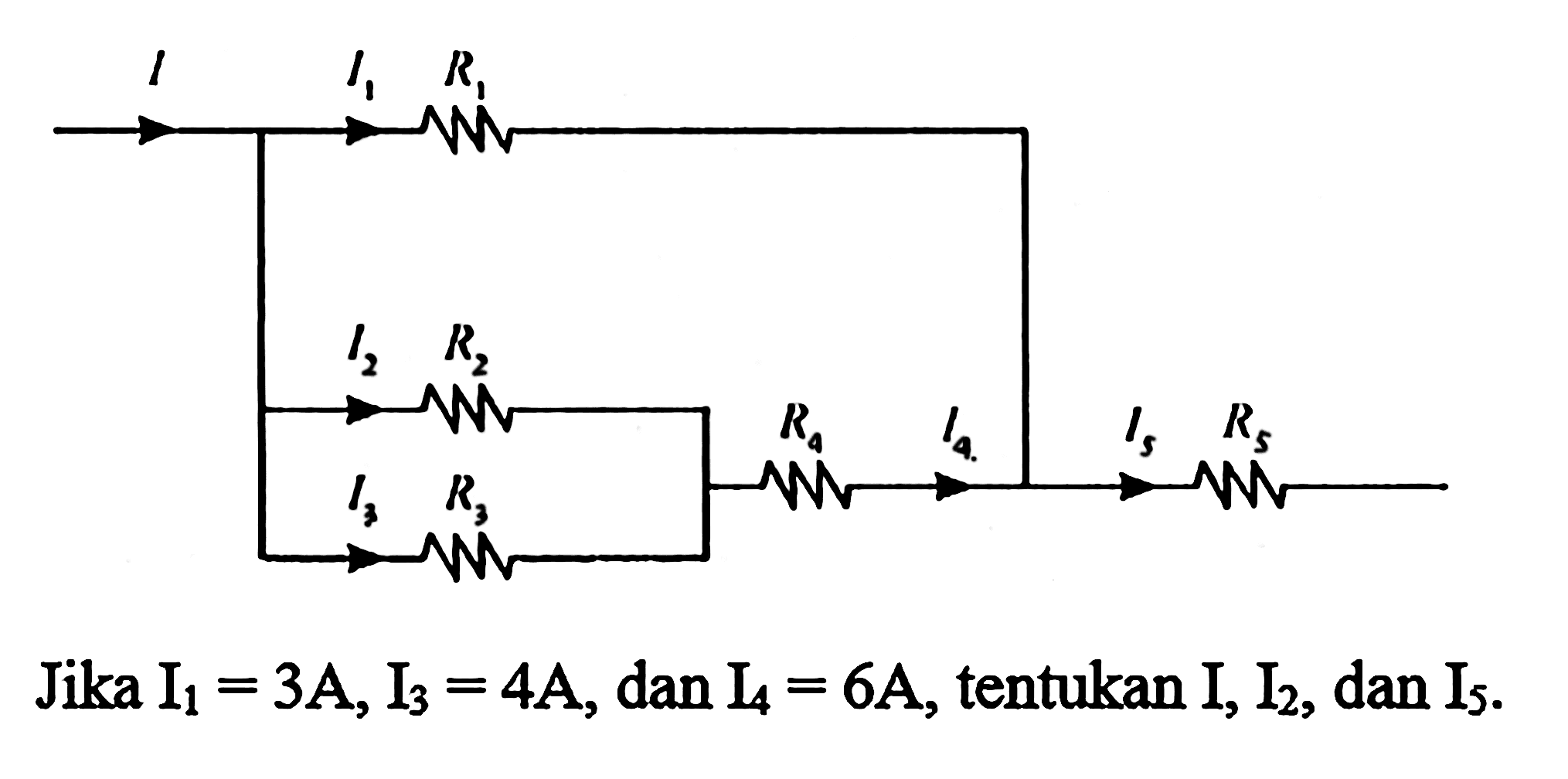 I I1 R1 I2 R2 R4 I4 I5 R5 I3 R3 Jika I1 = 3A, I3 = 4A, dan I4 = 6A, tentukan I, I2, dan I5. 