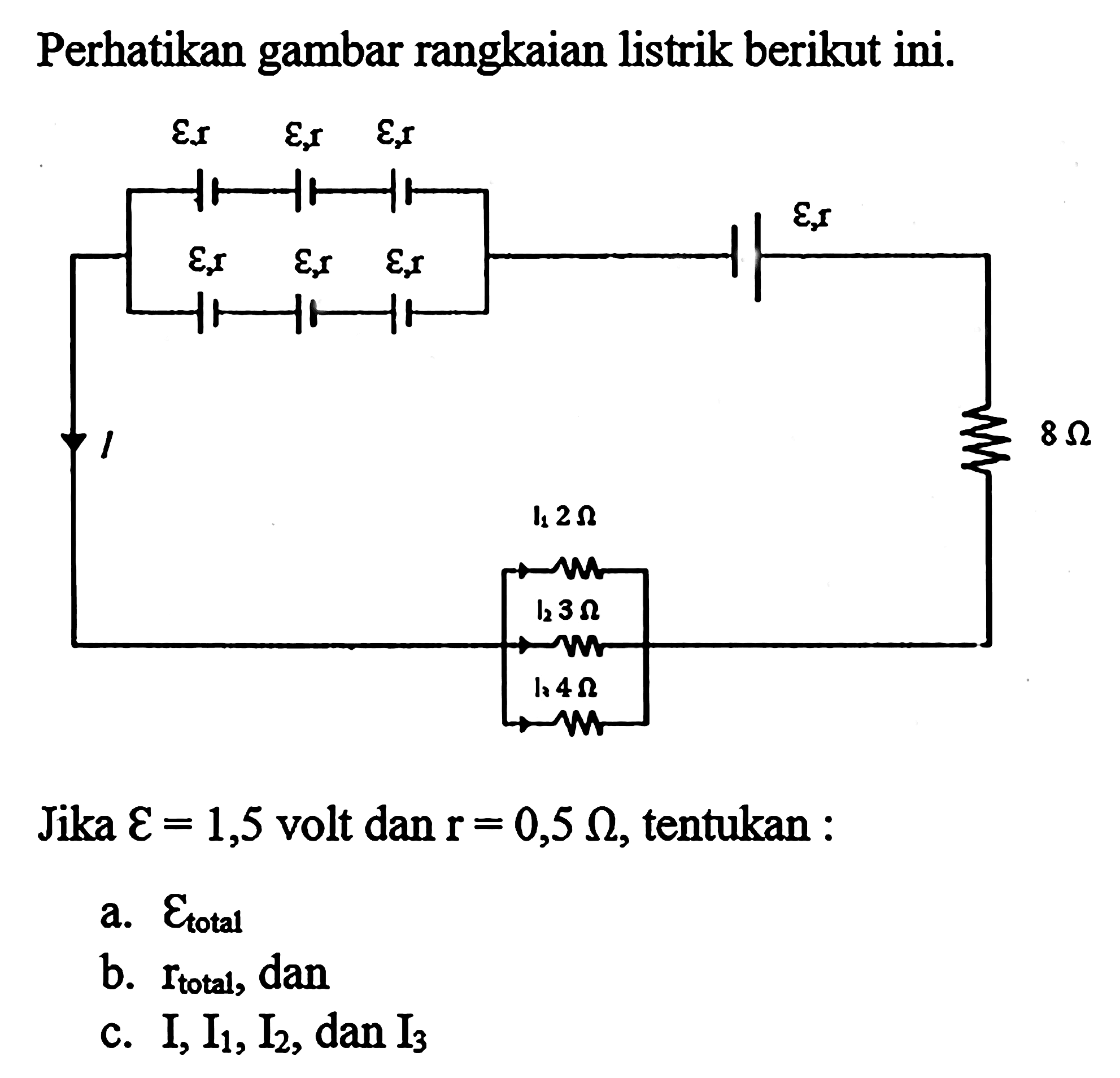 Perhatikan gambar rangkaian listrik berikut ini. epsilon, r epsilon, r epsilon, r epsilon, r epsilon, r epsilon, r I 8 Ohm I1 2 Ohm I2 3 Ohm I3 4 OhmJika epsilon=1,5 volt dan r=0,5 tentukan: a. Epsilon total b.r total dan c. I, I1, I2, dan I3