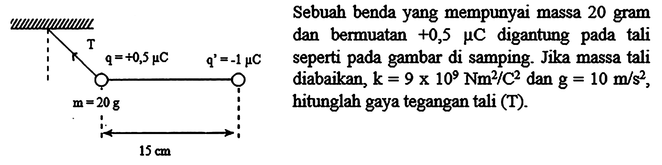 Sebuah benda yang mempunyai massa 20 gram dan beruatan +0,5 muC digantung tali seperti pada gambar di samping- Jika massa tali diabaikan k = 9 x 10^9 Nm^2/C^2 dan g = 10 m/s^2, 2 m =20 g hitunglah gaya tegangan tali (T)