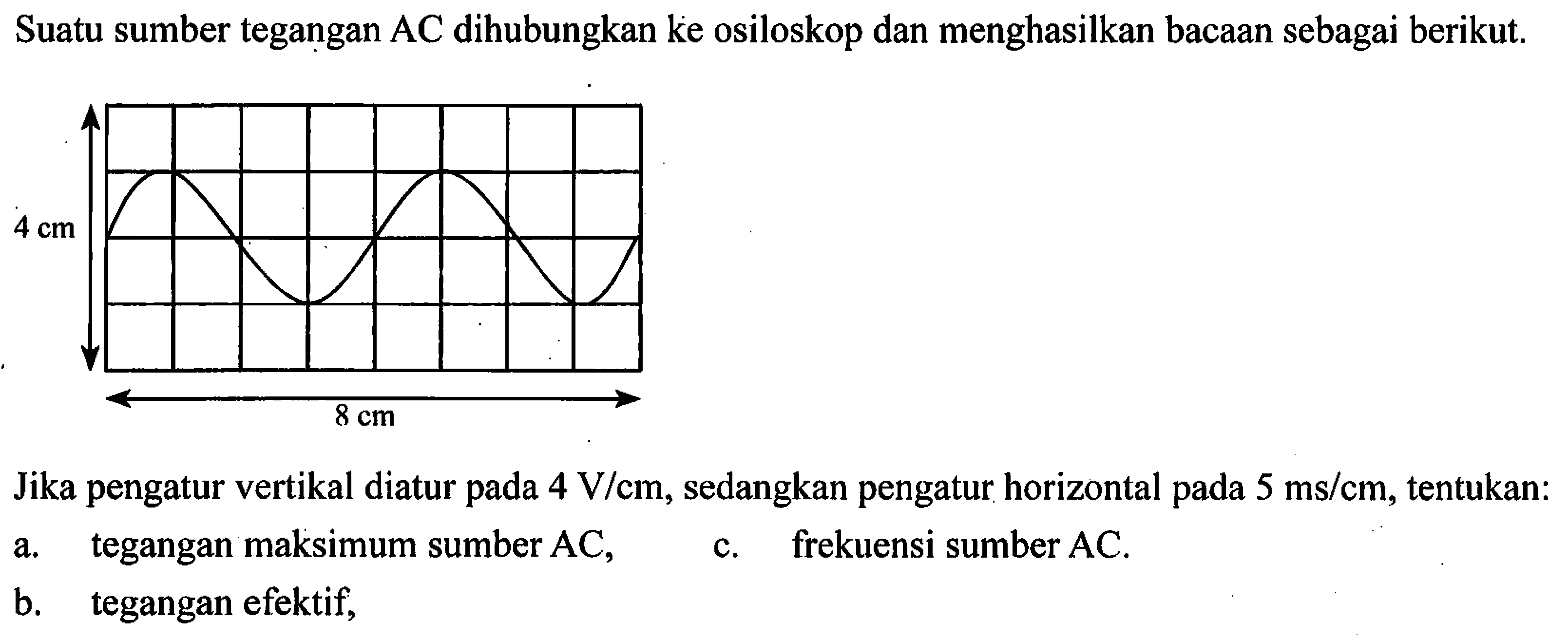 Suatu sumber tegangan AC dihubungkan ke osiloskop dan menghasilkan bacaan sebagai berikut. Jika pengatur vertikal diatur pada 4 V/cm, sedangkan pengatur horizontal pada 5 ms/cm, tentukan. A. tegangan maksimum sumber AC, C. frekuensi sumber AC. B. tegangan efektif,