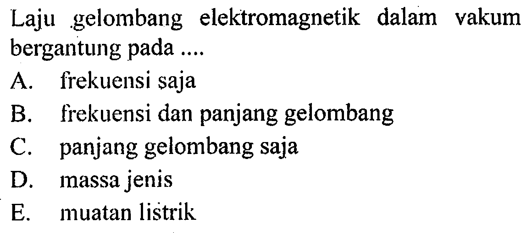 Laju gelombang elektromagnetik dalam vakum bergantung pada ....
