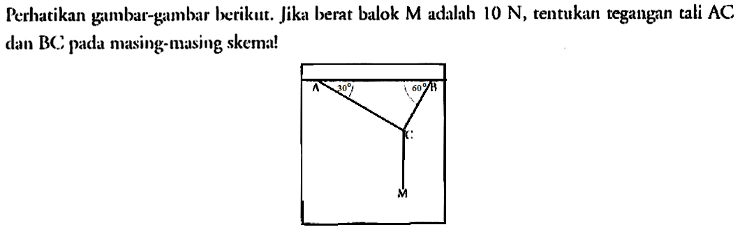 Perhatikan gambar-gambar berikut Jika berat balok M adalh 10 N, tentukan tegangan tali AC dan BC pada masing-masing skema!A 30 60 B C M