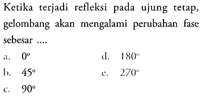 Ketika terjadi refleksi pada ujung tetap, gelombang akan mengalami perubahan fase sebesar .... 