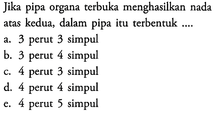 Jika pipa organa terbuka menghasilkan nada atas kedua, dalam pipa itu terbentuk ....