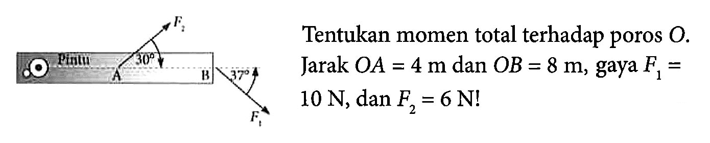 30 37 Tentukan momen total terhadap poros O. Jarak OA = 4 m dan OB = 8 m, gaya F1 = 10 N, dan F2 = 6 N!