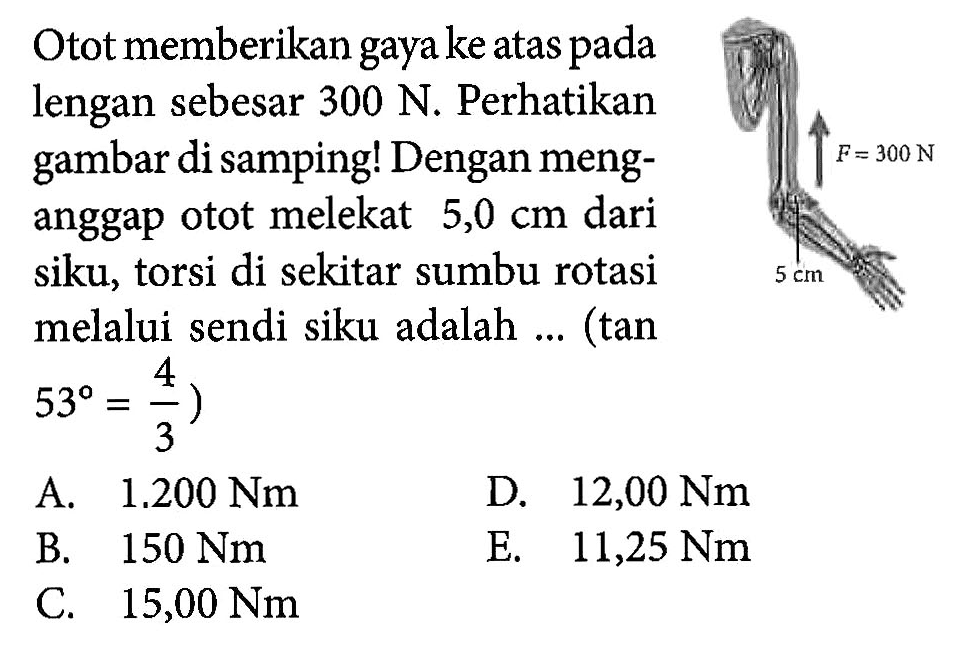 Otot memberikan gaya ke atas pada lengan sebsesar 300 N. Perhatikan gambar di samping! Dengan menganggap otot melekat 5,0 cm dari siku, torsi di sekitar sumbu rotasi melalui sendi siku adalah ... (tan 53 = 4/3) 