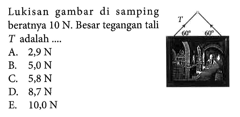 Lukisan gambar di samping beratnya 10 N. Besar tegangan tali T adalah ...