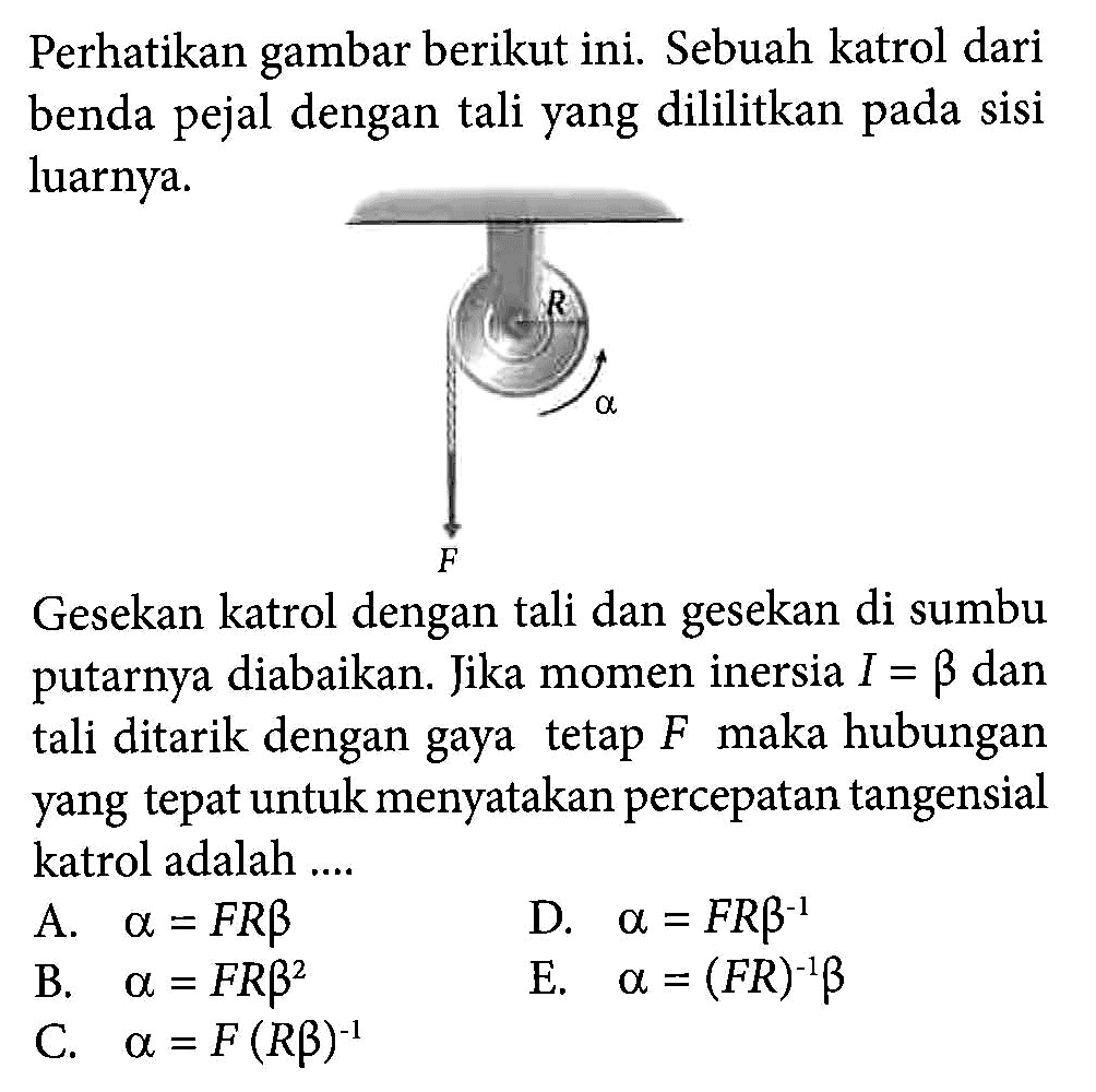 Perhatikan gambar berikut ini. Sebuah katrol dari benda pejal dengan tali yang dililitkan pada sisi luarnya. Gesekan katrol dengan tali dan gesekan di sumbu putarnya diabaikan. Jika momen inersia I = beta dan tali ditarik dengan gaya tetap F maka hubungan yang tepat untuk menyatakan percepatan tangensial katrol adalah ....