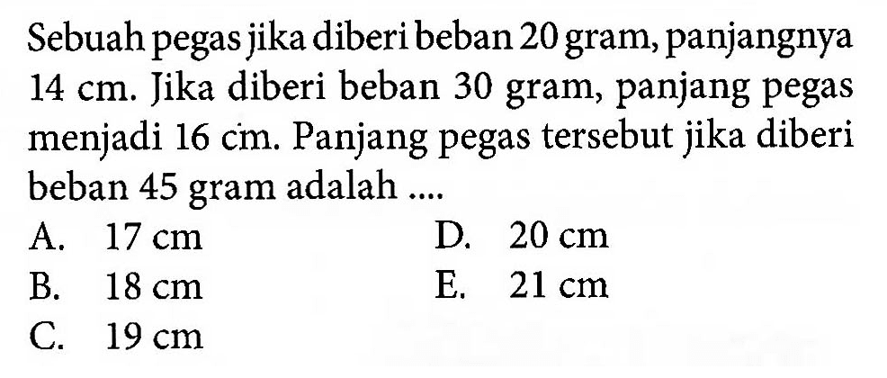 Sebuahpegas jika diberibeban 20 gram, panjangnya 14 cm. Jika diberi beban 30 gram, panjang pegas menjadi 16 cm. Panjang pegas tersebut jika diberi beban 45 gram adalah ....