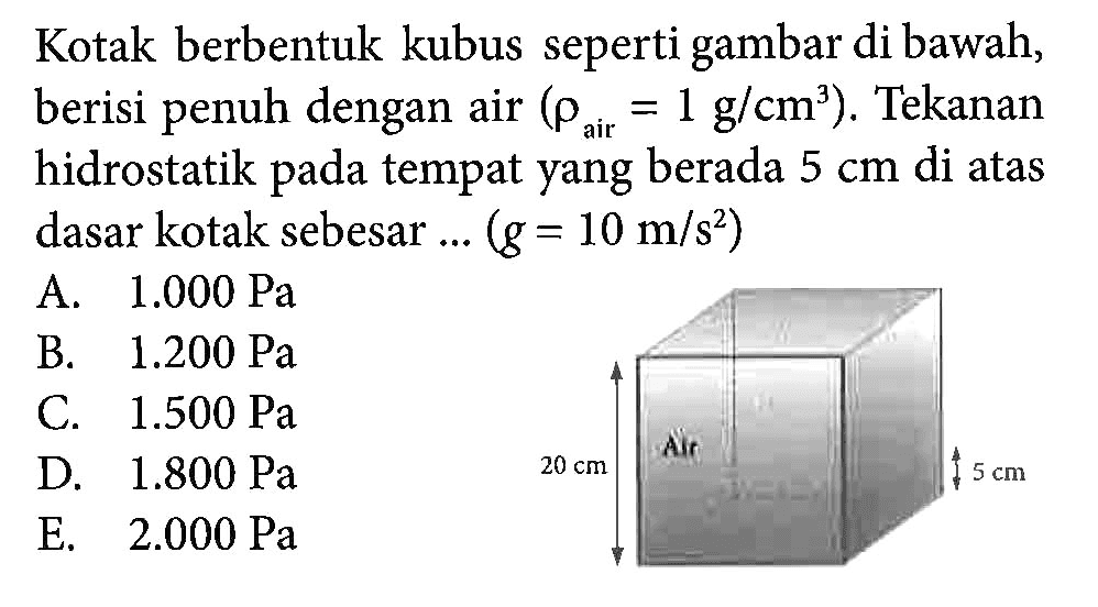 Kotak berbentuk kubus seperti gambar di bawah, berisi penuh dengan air (rho air= 1 g/cm ) . Tekanan hidrostatik tempat yang berada 5 cm di atas dasar kotak sebesar (g = 10 m/s^2)