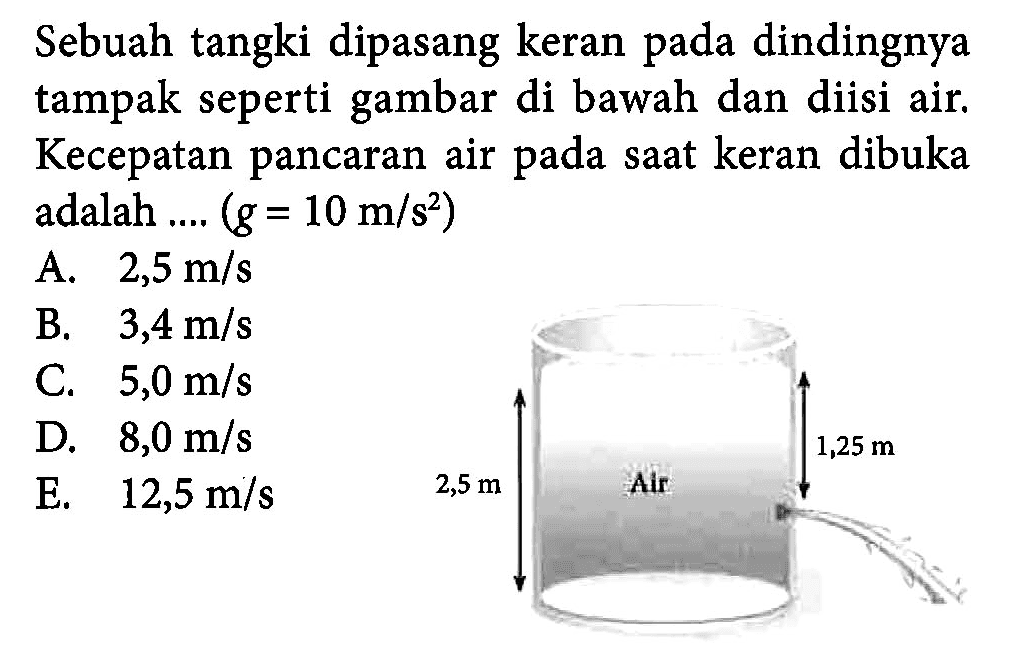 Sebuah tangki dipasang keran dindingnya tampak seperti gambar di bawah dan diisi air. Kecepatan pancaran air saat keran dibuka adalah .... (g = 10 m/s^2)