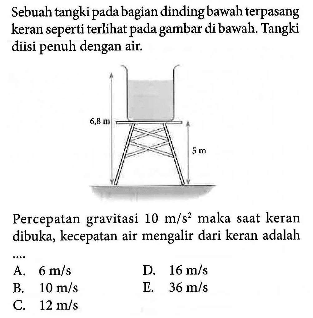 Sebuah tangki bagian dinding bawah terpasang keran seperti terlihat pada gambar di bawah: Tangki diisi penuh dengan air. Percepatan gravitasi 10 m/s^2 maka saat keran dibuka, kecepatan air mengalir dari keran adalah A 6 m/s D 16 m/s B. 10 m/s E. 36 m/s C 12 m/s