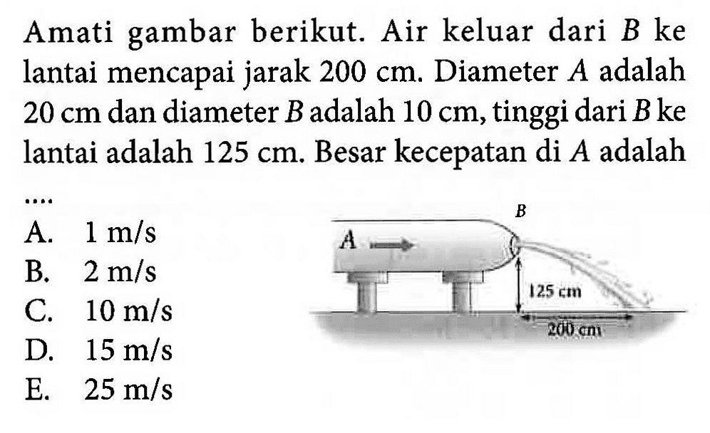 Amati gambar berikut. Air keluar dari B ke lantai mencapai jarak 200 cm. Diameter A adalah 20 cm dan diameter B adalah 10 cm, tinggi dari B ke lantai adalah 125 cm. Besar kecepatan di A adalah 
B A 125 cm 200 cm
A. 1 m/s B. 2 m/s C. 10 m/s D. 15 m/s E. 25 m/s