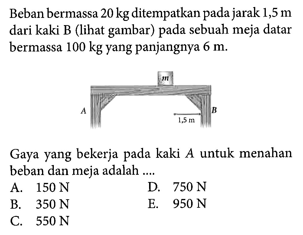 Beban bermassa 20 kg ditempatkan pada jarak 1,5 m dari kaki B (lihat gambar) pada sebuah meja datar bermassa 100 kg yang panjangnya 6 m. Gaya yang bekerja pada kaki A untuk menahan beban dan meja adalah ....