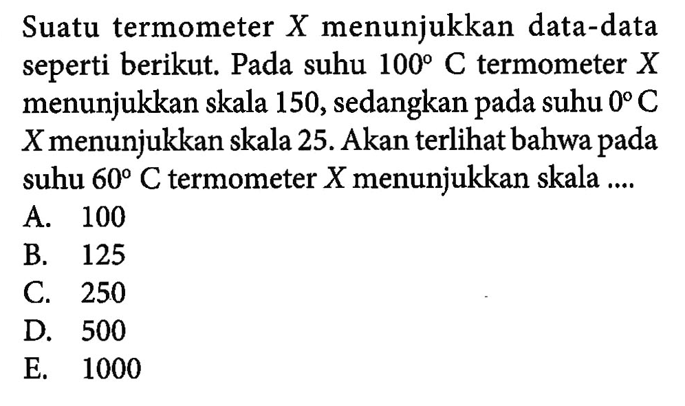 Suatu termometer X menunjukkan data-data seperti berikut. Pada suhu 100 C termometer X menunjukkan skala 150, sedangkan pada suhu 0 C X menunjukkan skala 25. Akan terlihat bahwa pada suhu 60 C termometer X menunjukkan skala.....