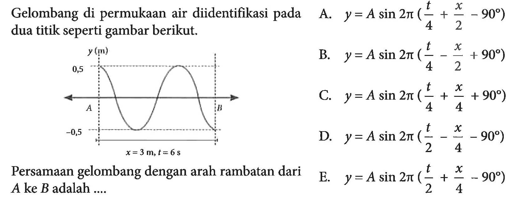 Gelombang di permukaan air diidentifikasi pada dua titik seperti gambar berikut. Persamaan gelombang dengan arah rambatan A ke B adalah ....