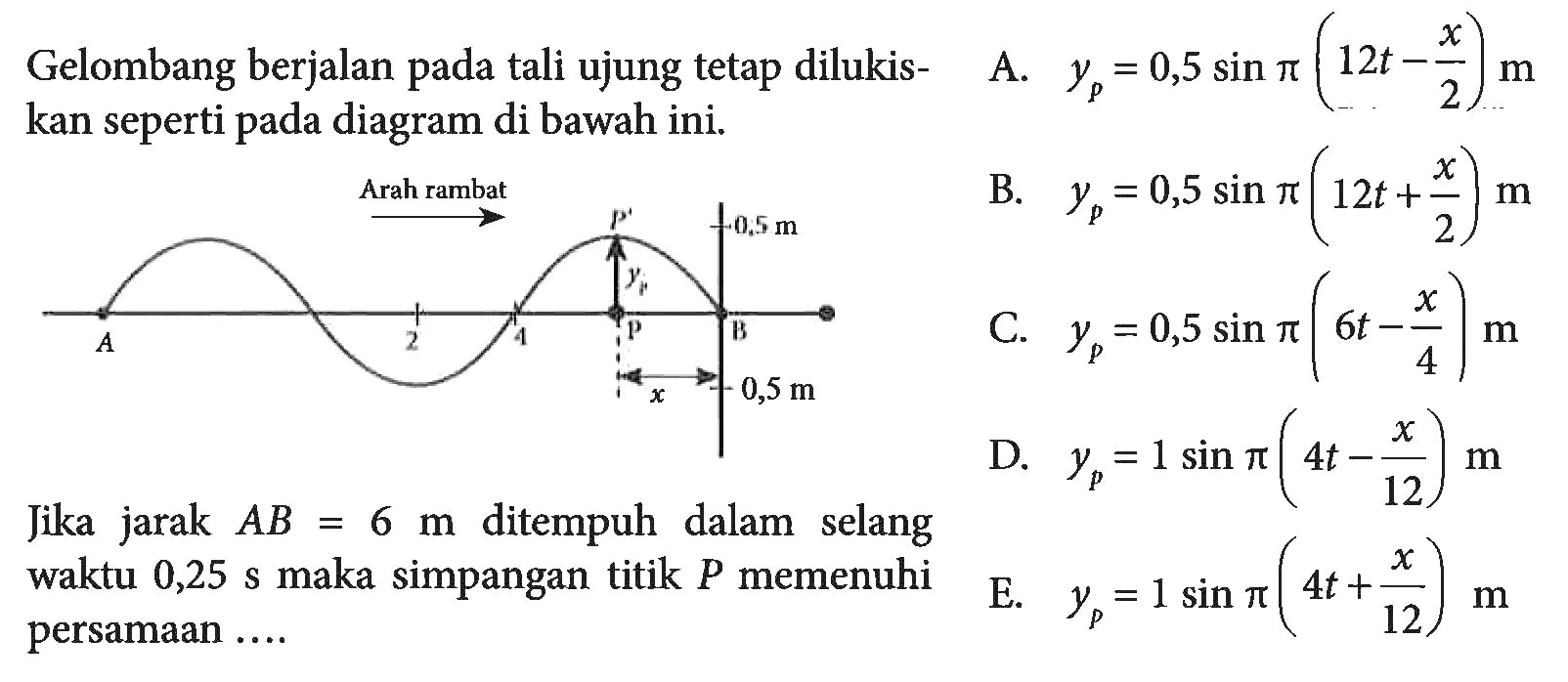 Gelombang berjalan pada tali ujung tetap dilukiskan seperti pada diagram di bawah ini. A P B 0,5 m 0,5 m 2 4 x Jika jarak AB = 6 m ditempuh dalam selang waktu 0,25 s maka simpangan titik P memenuhi persamaan .... 