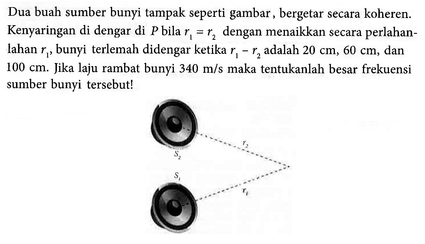 Dua buah sumber bunyi tampak seperti gambar, bergetar secara koheren. Kenyaringan di dengar di P bila r1=r2 dengan menaikkan secara perlahanlahan r1, bunyi terlemah didengar ketika r1-r2 adalah 20 cm, 60 cm, dan 100 cm. Jika laju rambat bunyi 340 m/s maka tentukanlah besar frekuensi sumber bunyi tersebut!