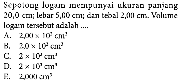 Sepotong logam mempunyai ukuran panjang 20,0 cm; lebar 5,00 cm; dan tebal 2,00 cm. Volume logam tersebut adalah ... 