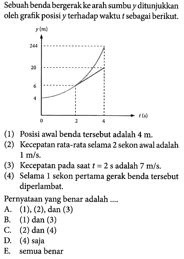 Sebuah benda bergerakkearah sumbu y ditunjukkan oleh grafikposisi y terhadap waktu t sebagai berikut (1) Posisi awal benda tersebut adalah 4 m (2) Kecepatan rata-rata selama 2 sekon awal adalah 1 m/s (3) Kecepatan pada saat t = 2 S adalah 7 m/s. (4) Selama 1 sekon pertama gerak benda tersebut diperlambat, Pernyataan yang benar adalah