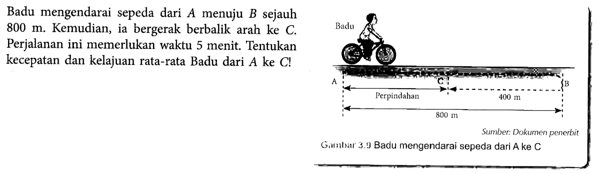 Badu mengendarai sepeda dari A menuju B sejauh 800 m. Kemudian, ia bergerak berbalik arah ke C. Perjalanan ini memerlukan waktu 5 menit. Tentukan kecepatan dan kelajuan rata-rata Badu dari A ke C! Badu A C B Perpindahan 400 m 800 m Gambar 3.9 Badu mengendarai sepeda dari A ke C