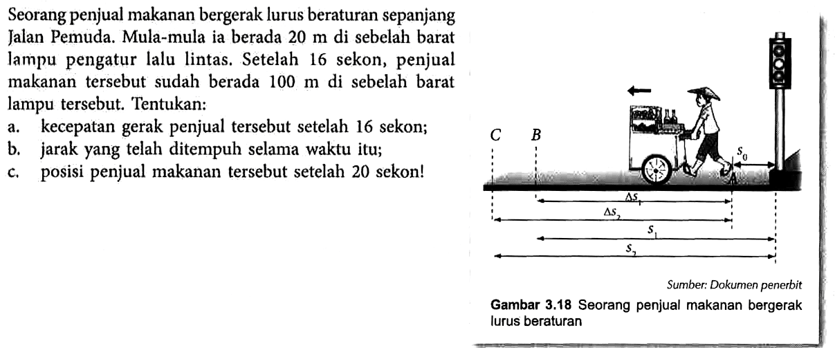 Seorang penjual makanan bergerak lurus beraturan sepanjang Jalan Pemuda. Mula-mula ia berada 20 m di sebelah barat lampu pengatur lalu lintas. Setelah 16 sekon, penjual makanan tersebut sudah berada 100 m di sebelah barat lampu tersebut. Tentukan: 
a. kecepatan gerak penjual tersebut setelah 16 sekon; 
b. jarak yang telah ditempuh selama waktu itu; 
c. posisi penjual makanan tersebut setelah 20 sekon! 
C B S0 delta S1 delta S2 S1 S2 
Sumber: Dokumen penerbit 
Gambar 3.18 Seorang penjual makanan bergerak lurus beraturan 