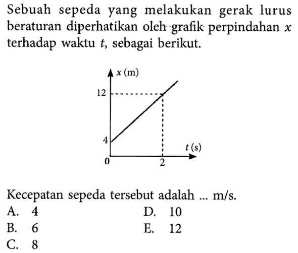 Sebuah sepeda yang melakukan gerak lurus beraturan diperhatikan oleh grafik perpindahan x terhadap waktu t, sebagai berikut. 0 2 4 12 x(m) t(s)Kecepatan sepeda tersebut adalah... m/s.