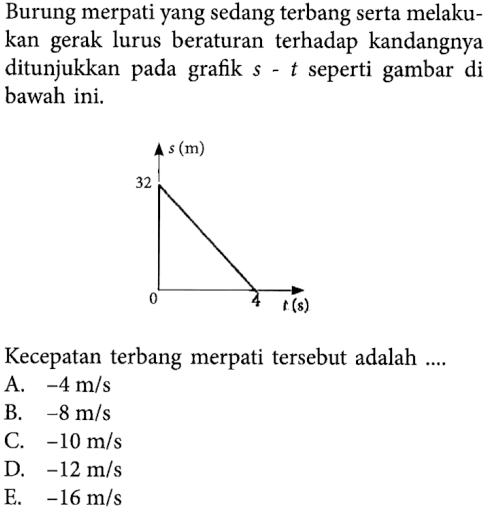 Burung merpati yang serta sedang terbang serta melaku- kan gerak lurus beraturan terhadap kandangnya ditunjukkan seperti gambar s - t di bawah ini, Kecepatan merpati tersebut adalah A, -4 m/s B. -8 m/s C -10 m/s D. -12 m/s E. -16 m/s