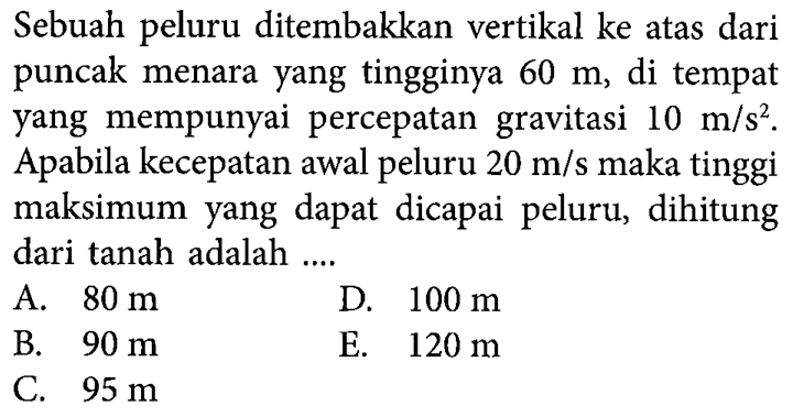 Sebuah peluru ditembakkan vertikal ke atas dari puncak menara yang tingginya 60 m, di tempat yang mempunyai percepatan gravitasi 10 m/s^2. Apabila kecepatan awal peluru 20 m/s maka tinggi maksimum yang dapat dicapai peluru, dihitung dari tanah adalah ....