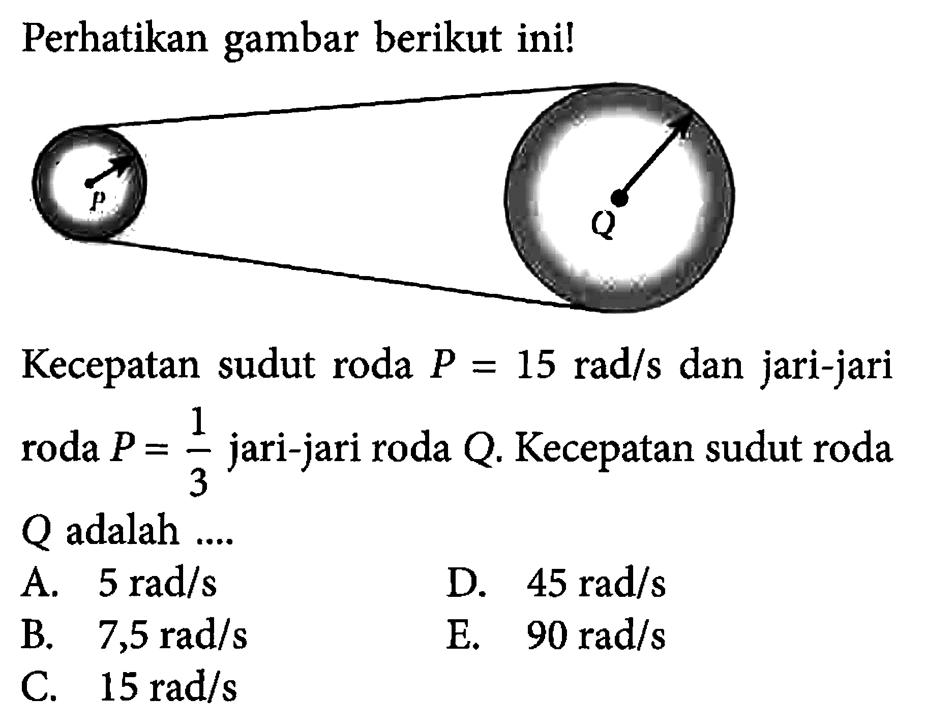 Perhatikan gambar berikut ini! Kecepatan sudut roda P=15 rad/s dan jari-jari roda P=1/3 jari-jari roda Q. Kecepatan sudut roda Q adalah ....
