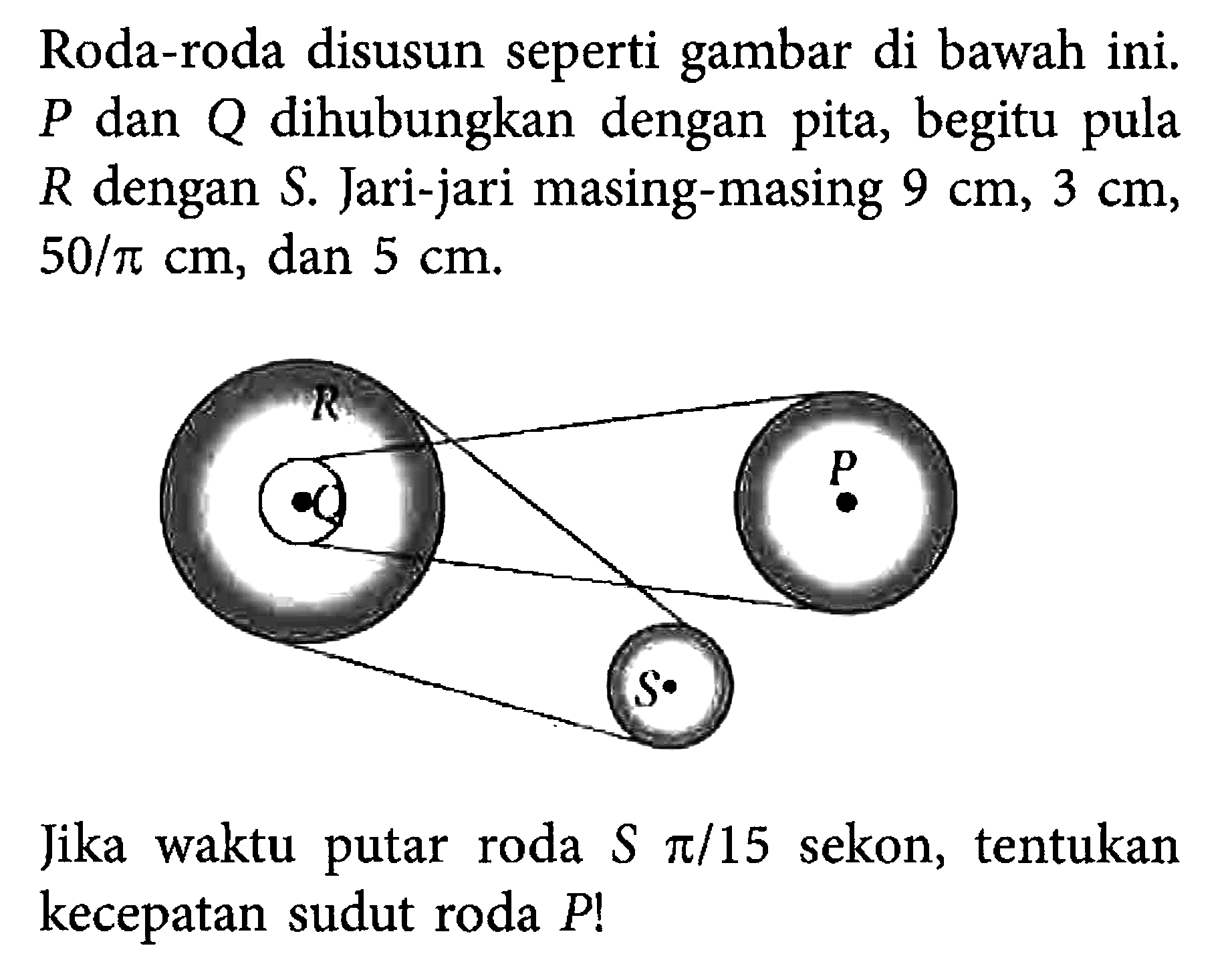 Roda-roda disusun seperti gambar di bawah ini. P dan Q dihubungkan dengan pita, begitu pula R dengan S. Jari-jari masing-masing 9 cm, 3 cm, 50/pi cm, dan 5 cm. R P Q S Jika waktu putar roda S pi/15 sekon, tentukan kecepatan sudut roda P!