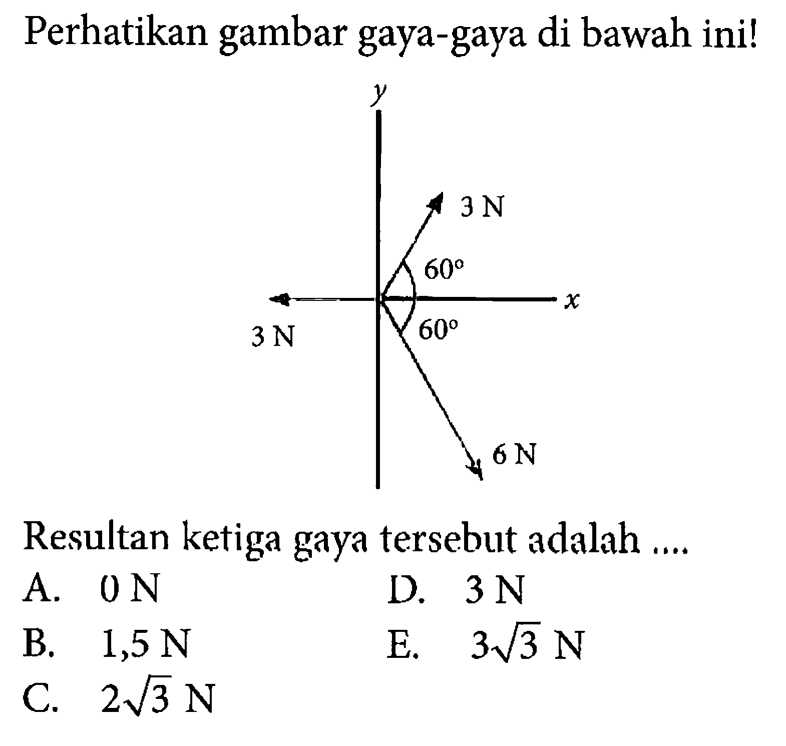 Perhatikan gambar gaya-gaya di bawah ini!  y 3 N 60 x 3 N 60 6 N Resultan ketiga gaya tersebut adalah ....  