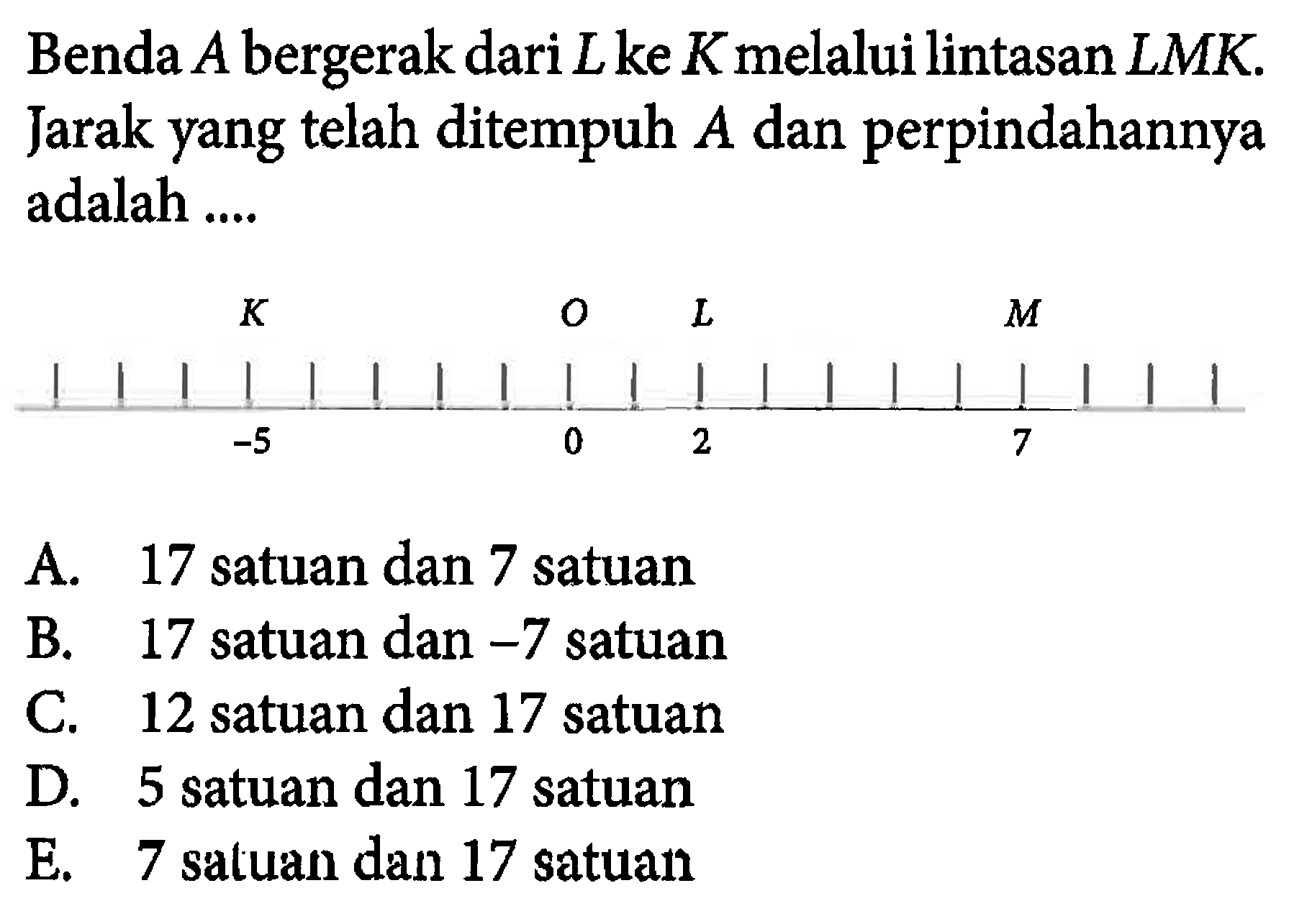 Benda A bergerak dari L ke K melalui lintasan L M K. Jarak yang telah ditempuh A dan perpindahannya adalah.... K -5 O 0 L 2 M 7