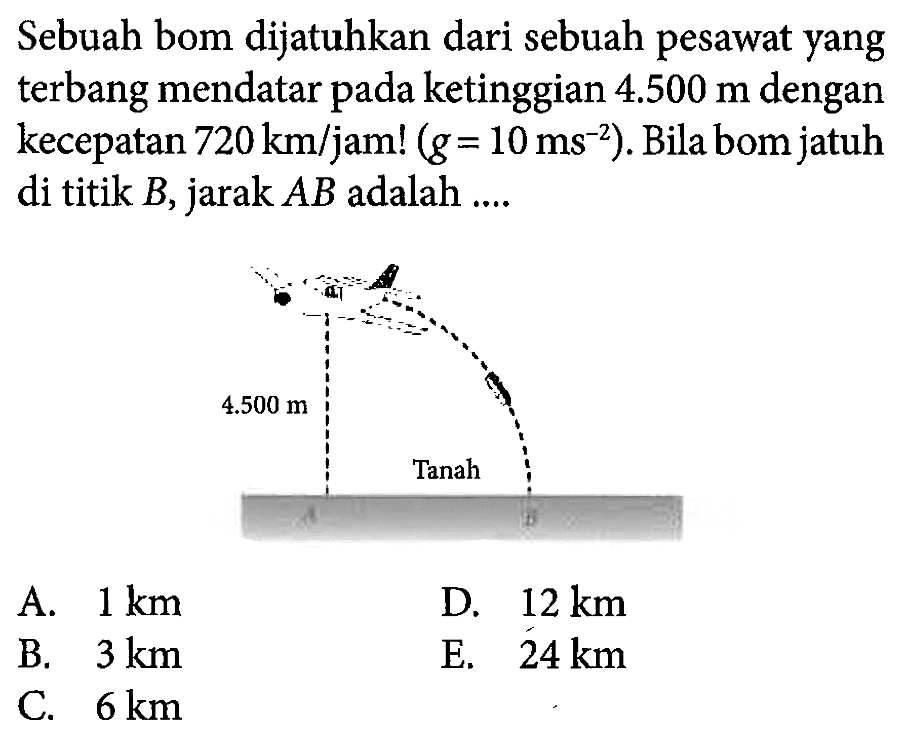 Sebuah bom dijatuhkan dari sebuah pesawat yang terbang mendatar pada ketinggian  4.500 m  dengan kecepatan  720 km/jam! (g=10 ms^(-2)). Bila bom jatuh di titik B, jarak AB adalah .... 4500 m Tanah 