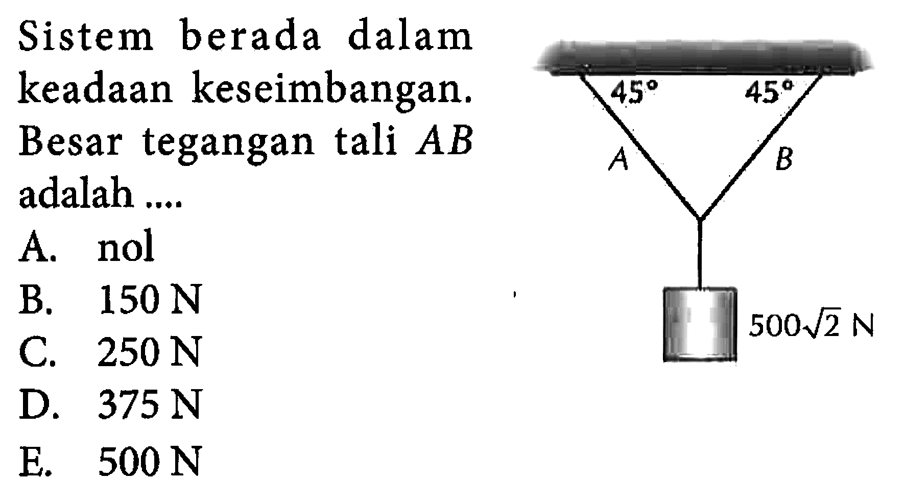 Sistem berada dalam keadaan keseimbangan. Besar tegangan tali AB adalah .... 45 45 A B 500 akar(2) N 